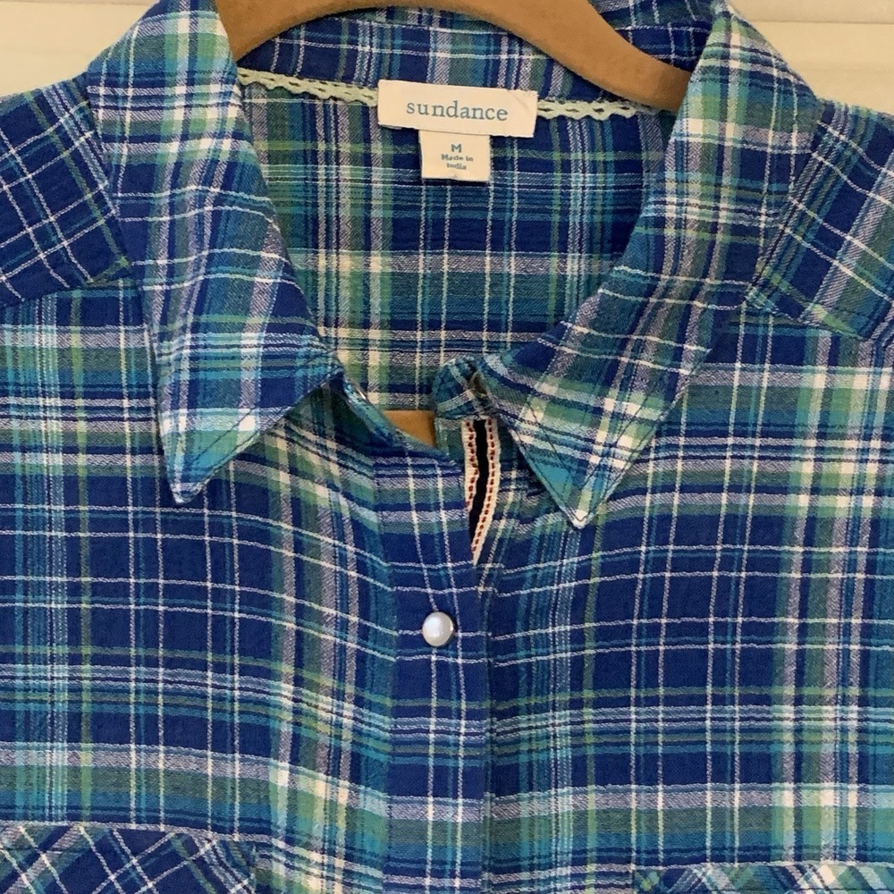 Sundance Cotton Blue Plaid Pearl Button Up Coastal Weekend Western Shirt Medium - Picture 14 of 15